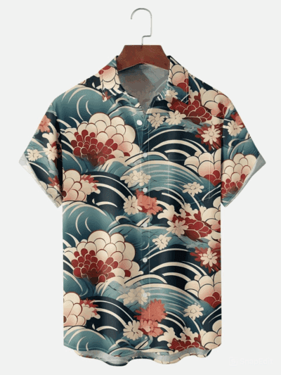 Moisture-wicking Japanese Flower Wave Ukiyo-e Art Chest Pocket Casual Shirt