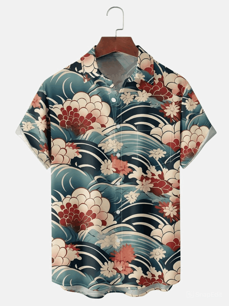 Moisture-wicking Japanese Flower Wave Ukiyo-e Art Chest Pocket Casual Shirt