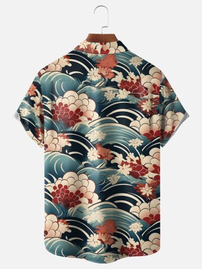 Moisture-wicking Japanese Flower Wave Ukiyo-e Art Chest Pocket Casual Shirt