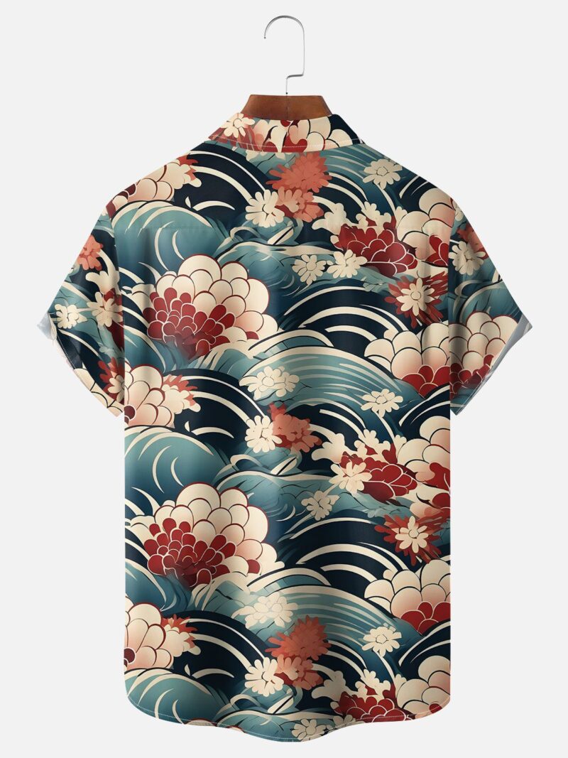 Moisture-wicking Japanese Flower Wave Ukiyo-e Art Chest Pocket Casual Shirt - Image 2