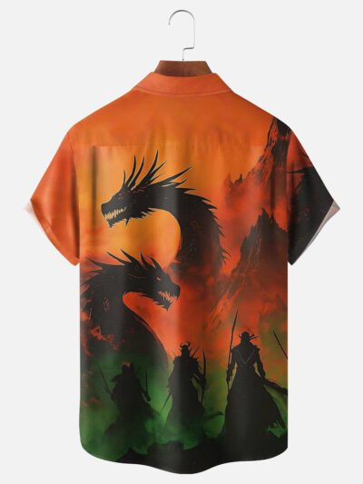 Moisture Wicking Ukiyo-e Samurai Dragon Chest Pocket Hawaiian Shirt