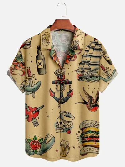 Skull & Anchor Graphic Pattern Short Sleeve Button-Up Shirt